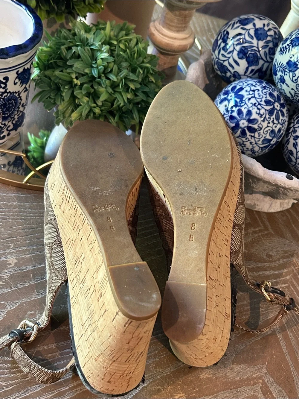 Coach Tan Signature Canvas Peep-Toe Slingback Wedge Espadrille Sandals 8
